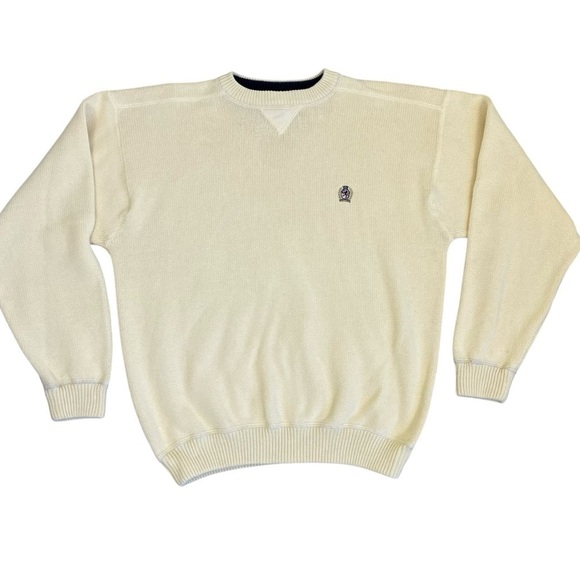 TOMMY HILFIGER Vintage 90s Butter Yellow Knit Crewneck Sweater Crest Cotton XL - Picture 2 of 16